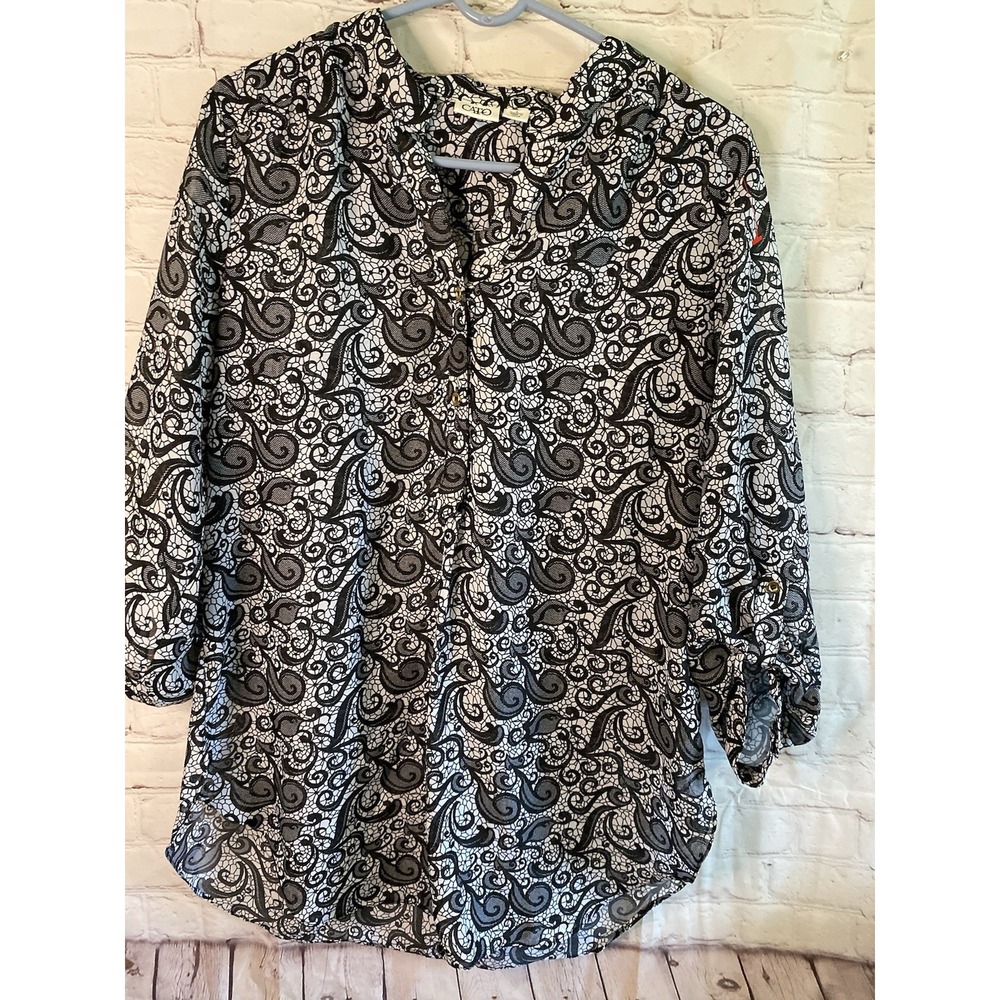 Cato Women's Blouse, Button Front, Gold Buttons,  Roll Tab Sleeve, Black, Size L